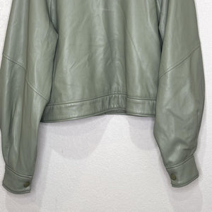 Alexis Jacket Womens Medium Sage Faux Leather Cropped Snap Front Puff Sleeves