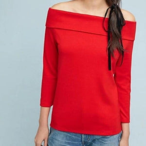 Anthropologie Top Womens Large Off Shoulder 3/4 Sleeve Drape Neck Pullover