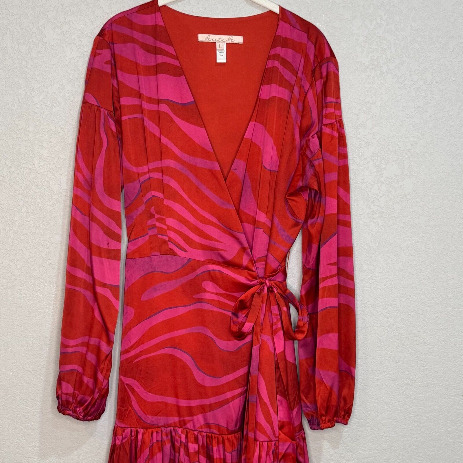 Hutch Ciara Red Pink Zebra Satin Maxi Wrap Dress Size Large $179