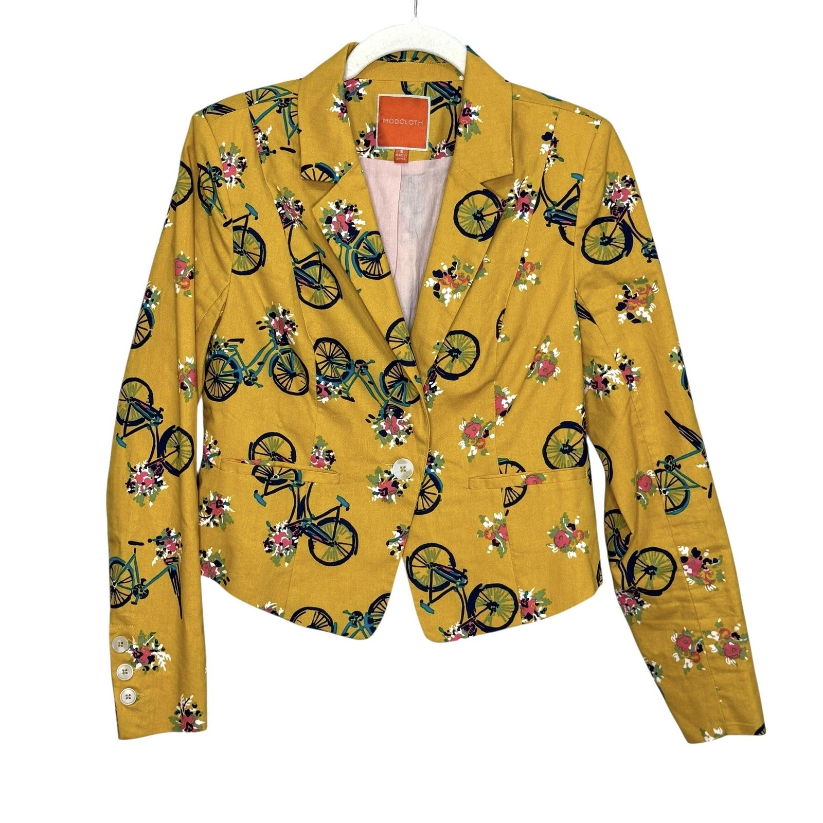 ModCloth Blazer Womens Small Bicycle Floral Print Jacket Single Button Fun