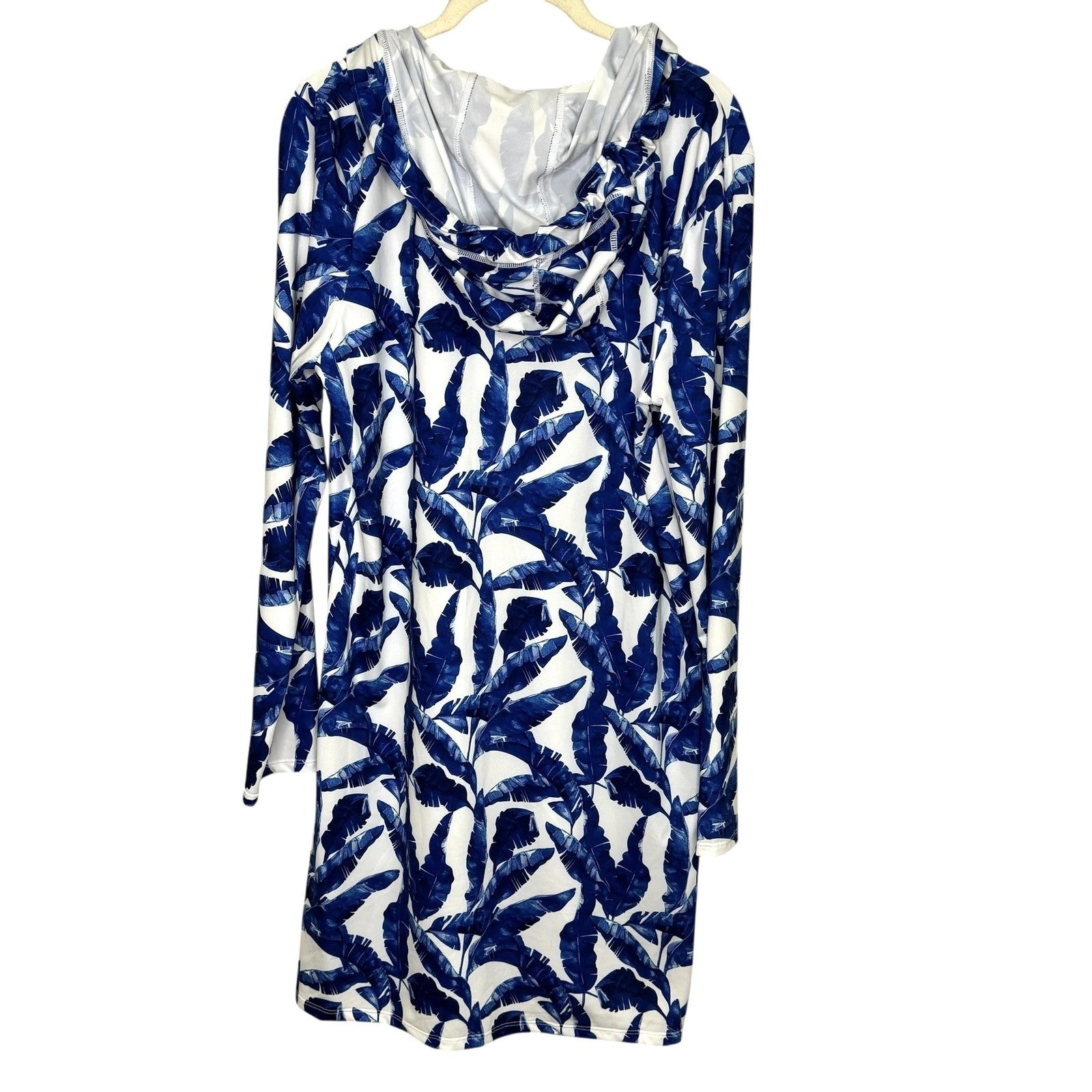 Cabana Life Cover Up Womens Large Blue Palm Print Hooded UPF 50+ Long Sleeve