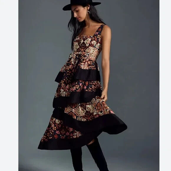 Anthropologie NEW Black Multi Tiered Midi Dress Size Small $180