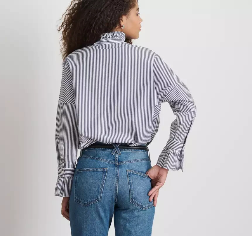 ALEX MILL Easy Ruffle Shirt Navy White Stripe Size Medium Oversized