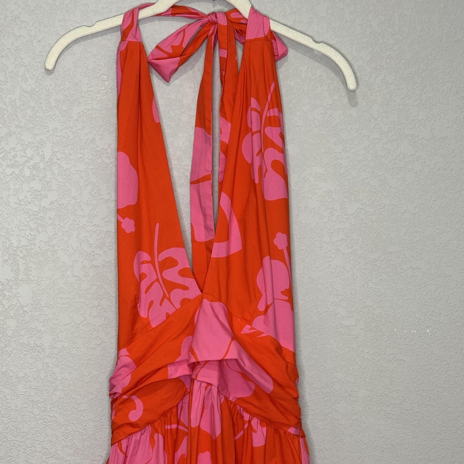 Staud Dress Moana 8 Red Pink Floral Halter Midi Open Back Summer Vacation Beach