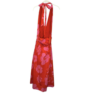 Staud Dress Moana 8 Red Pink Floral Halter Midi Open Back Summer Vacation Beach
