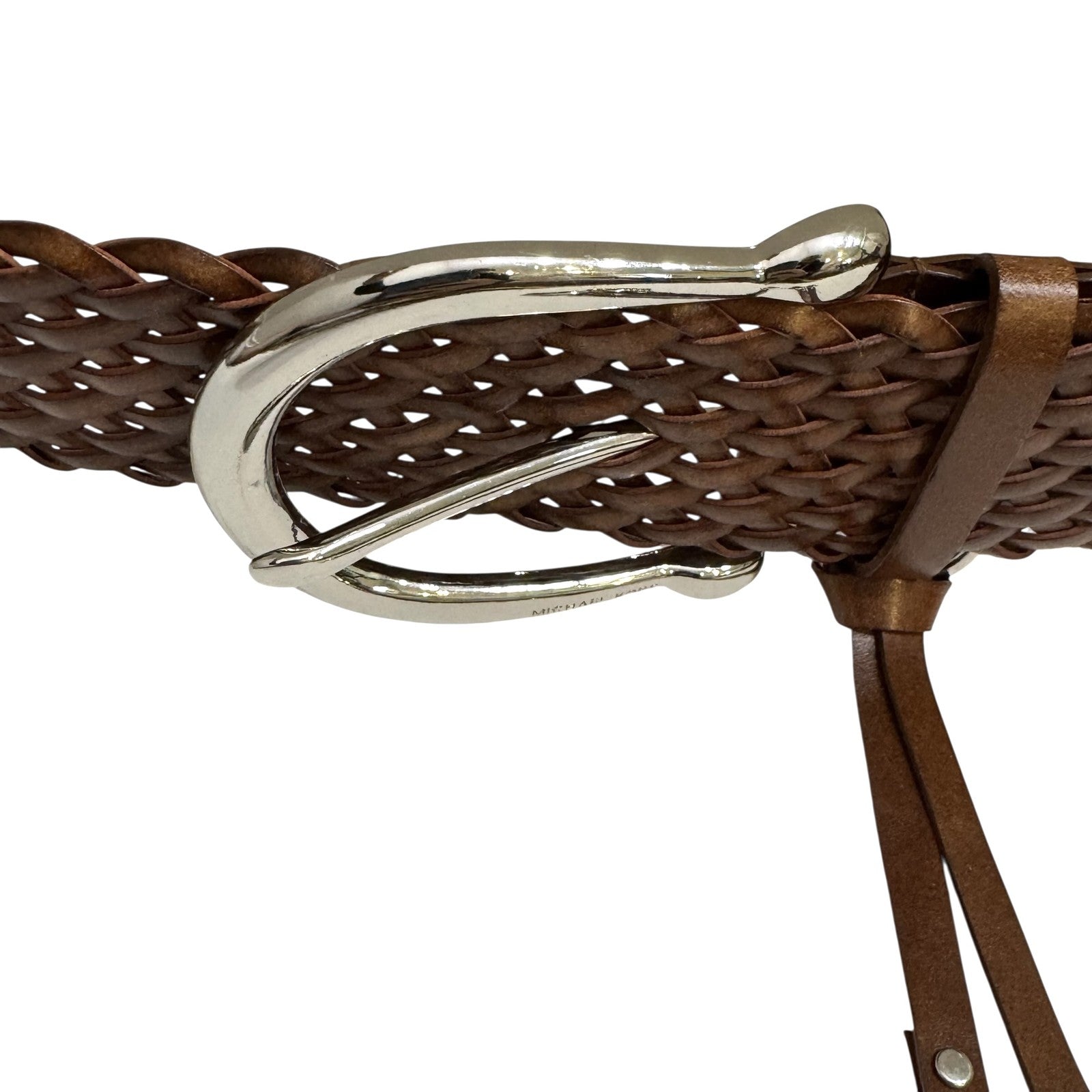 Michael Kors Belt Womens Large Woven Genuine Leather MK Silver Buckle