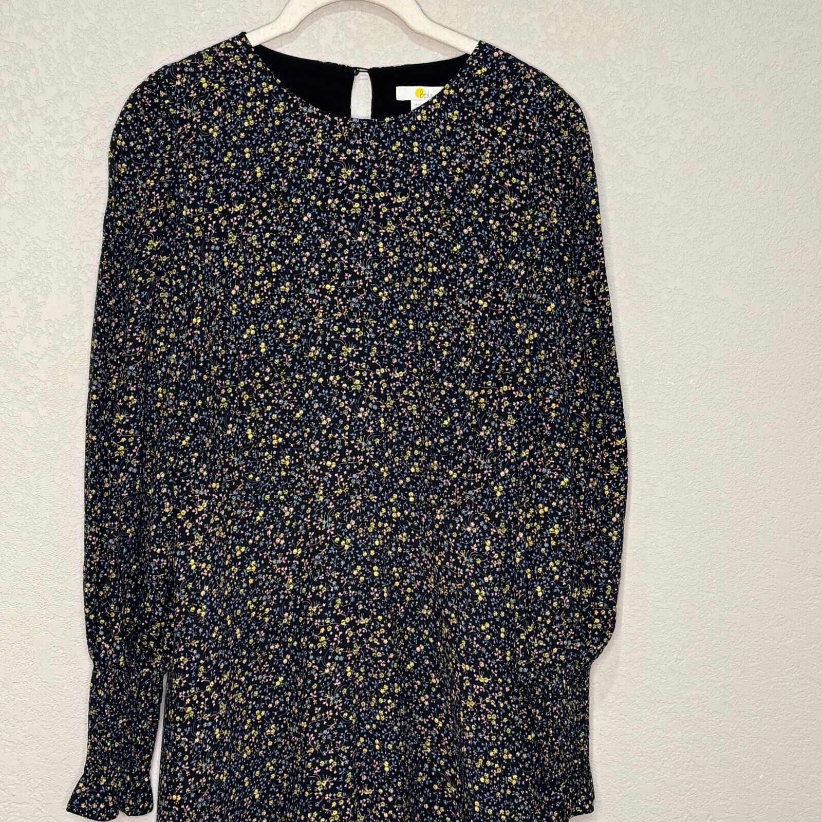 Boden Midi Dress Black Size 8 Smocked Cuff Ditsy Floral Long Sleeve