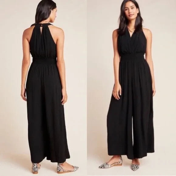Anthropologie Jumpsuit Size Medium Black Bionda Plisse Smocked Waist Halter Neck