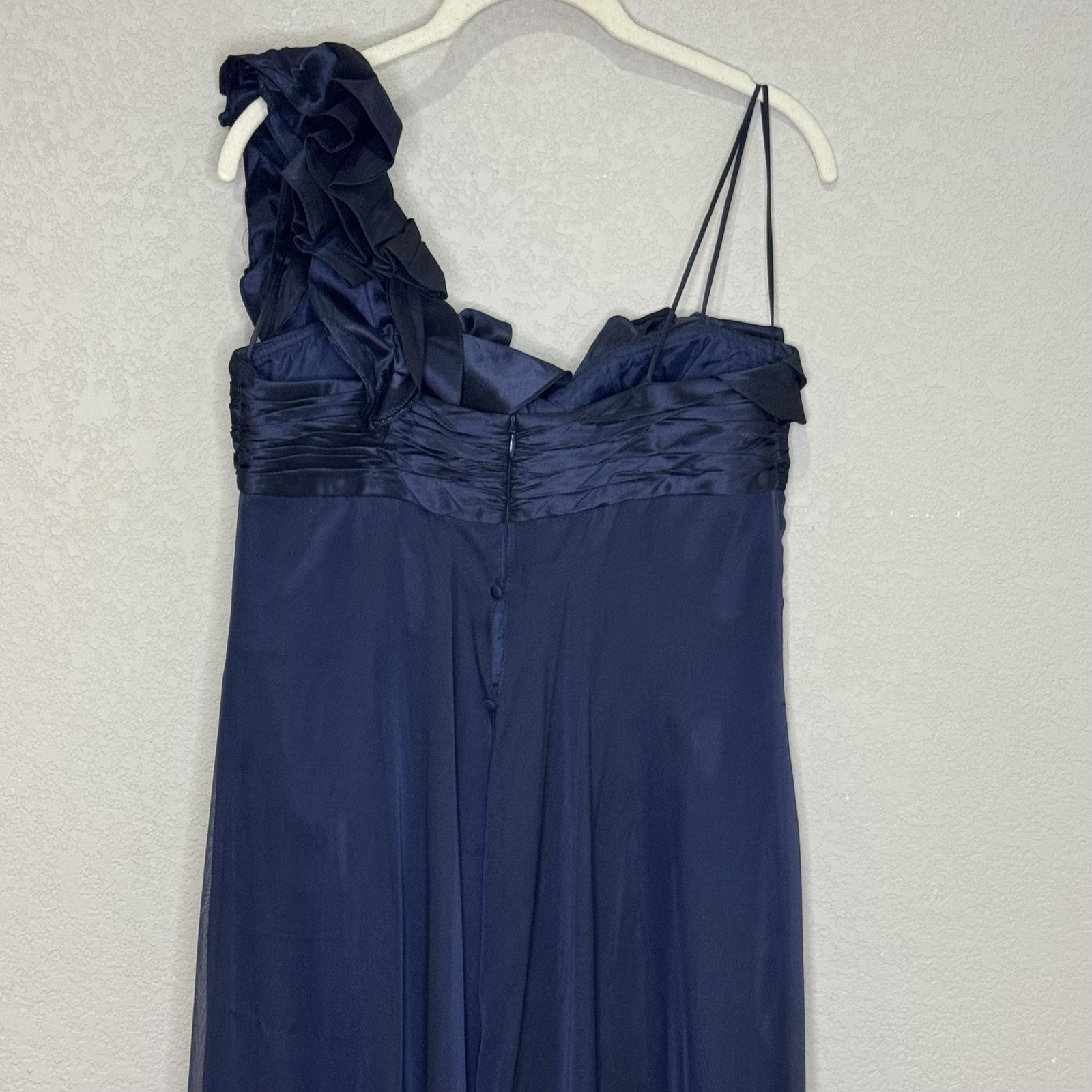Teri Jon Evening Gown Womens 8 Navy Blue Silk One Shoulder Ruffle Formal Dress