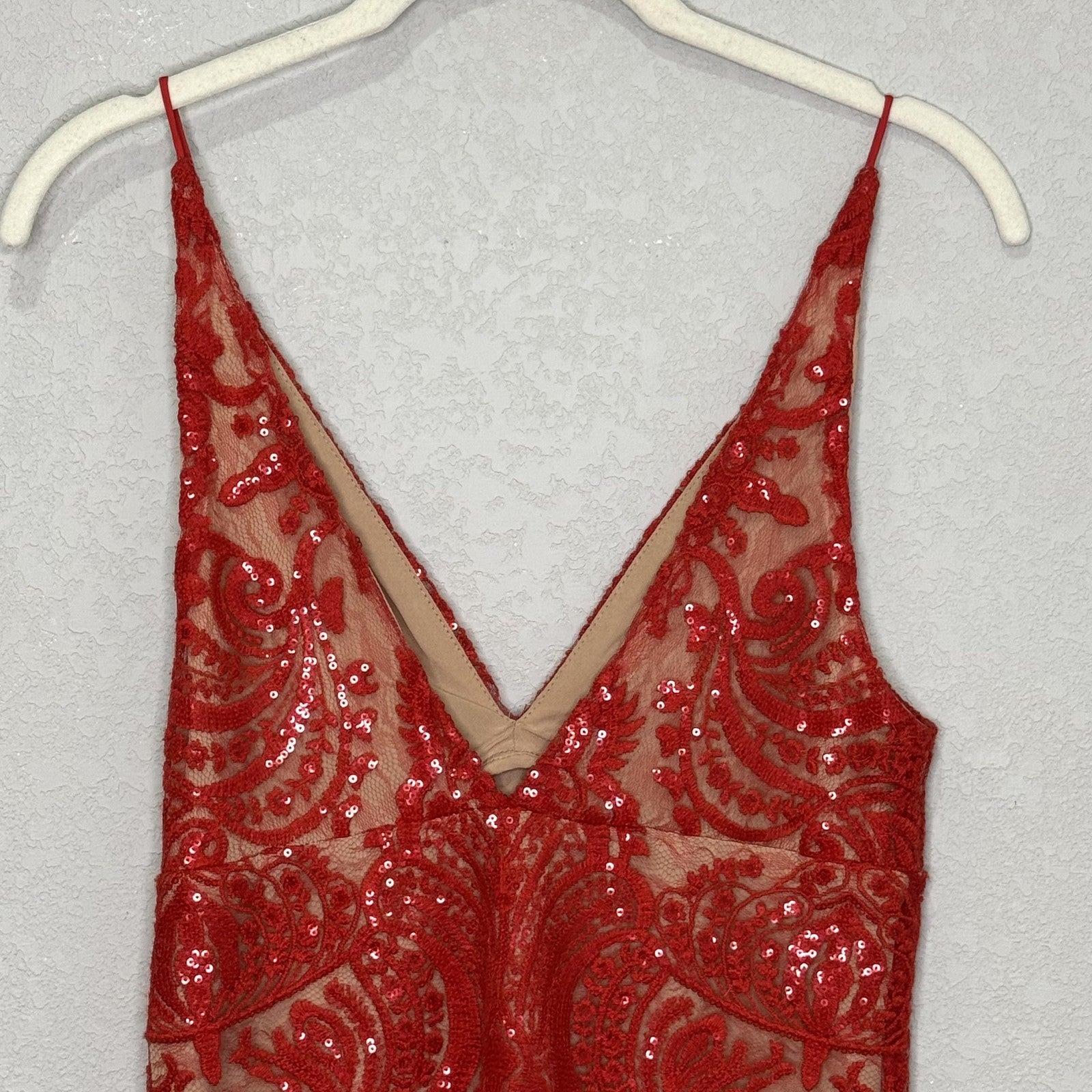 Free People Romper Womens 0 Red Sequin Lace Mesh V Neck Spaghetti Straps Mini