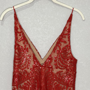 Free People Romper Womens 0 Red Sequin Lace Mesh V Neck Spaghetti Straps Mini