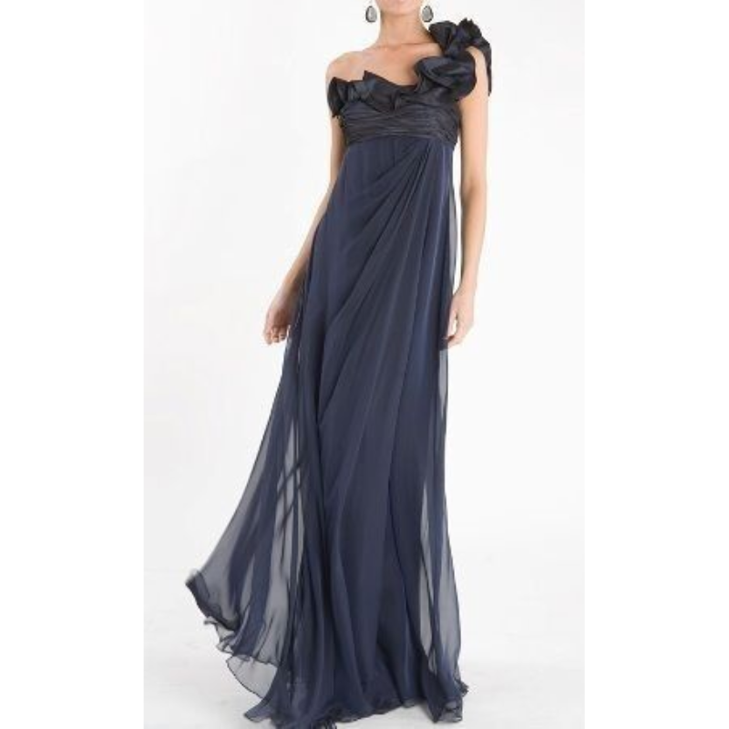 Teri Jon Evening Gown Womens 8 Navy Blue Silk One Shoulder Ruffle Formal Dress