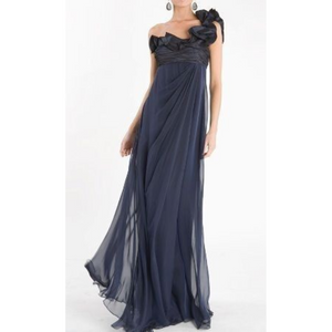 Teri Jon Evening Gown Womens 8 Navy Blue Silk One Shoulder Ruffle Formal Dress