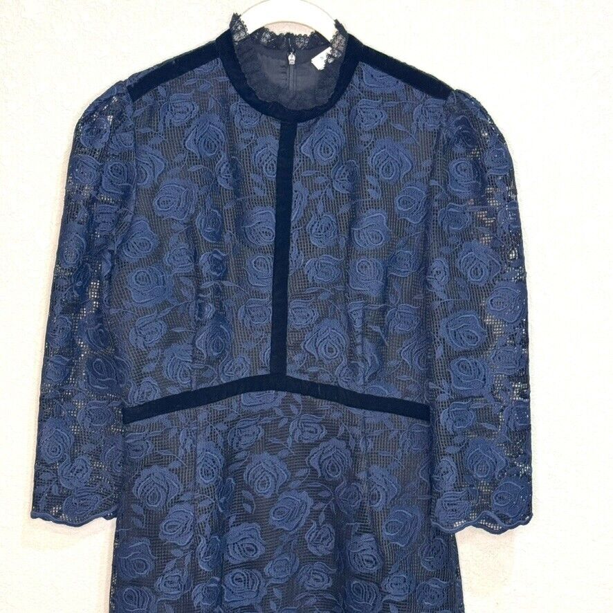 SANDRO Paris Dress Size 6 (2) Navy Blue Floral Lace Embroidered Puff Sleeve Mini