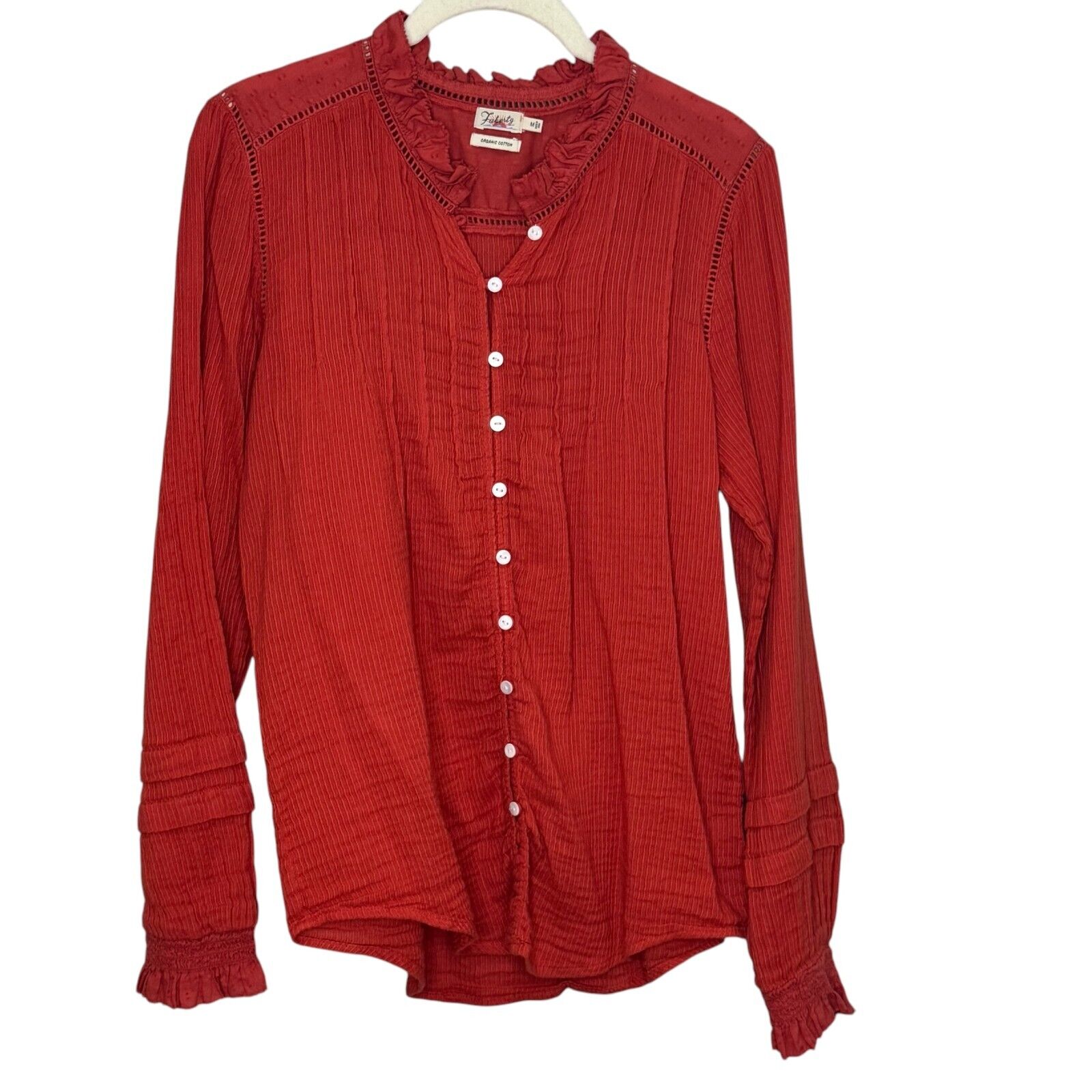 Faherty Willa Shirt Size Medium Rust Long Sleeve Pintuck Ruffle Peasant Blouse