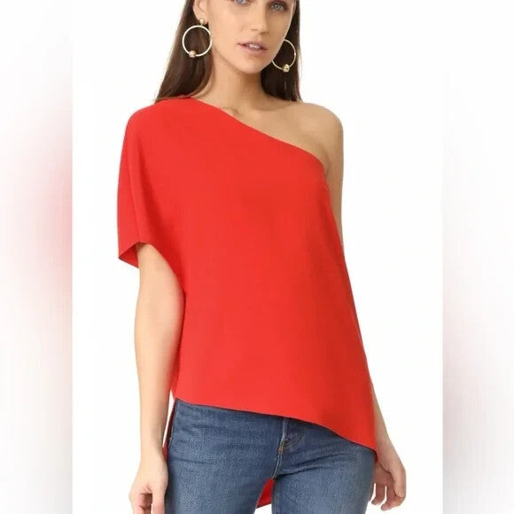 Alice + Olivia Blouse Top Size 8 Red Mellie One Shoulder Asymmetrical Drape