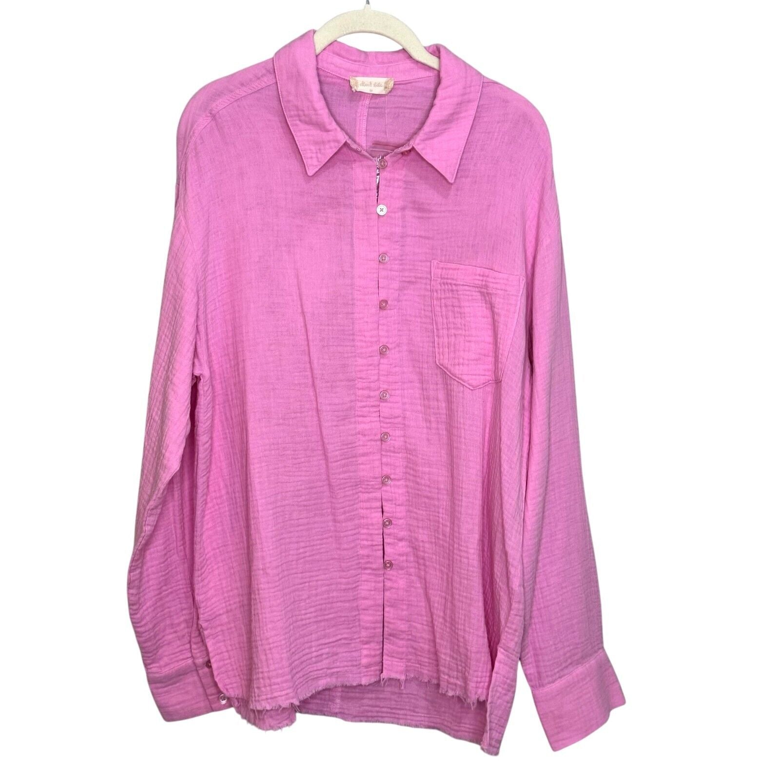 Altar'd State Shirt Top Size Medium NEW Pink Gauze Button Down with Raw Hem