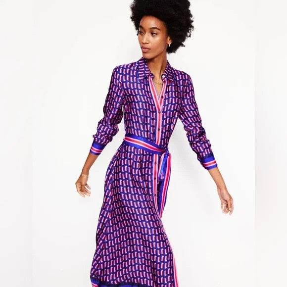 Boden Dress Womens 8 Petite Geometric Print Shirt Midi Belted Viscose