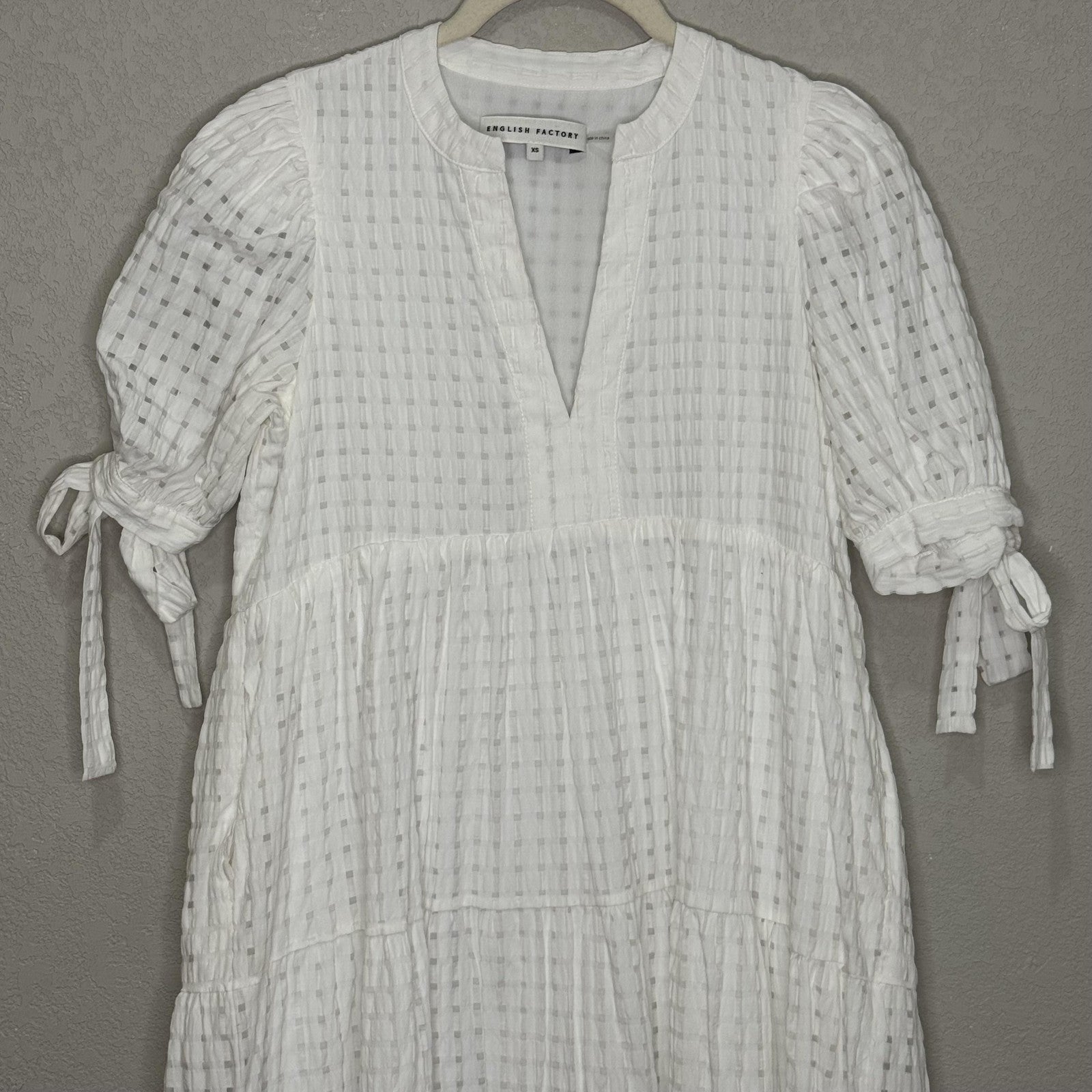 English Factory Dress Womens XS White Textured Midi Tie Sleeve Boho Pockets