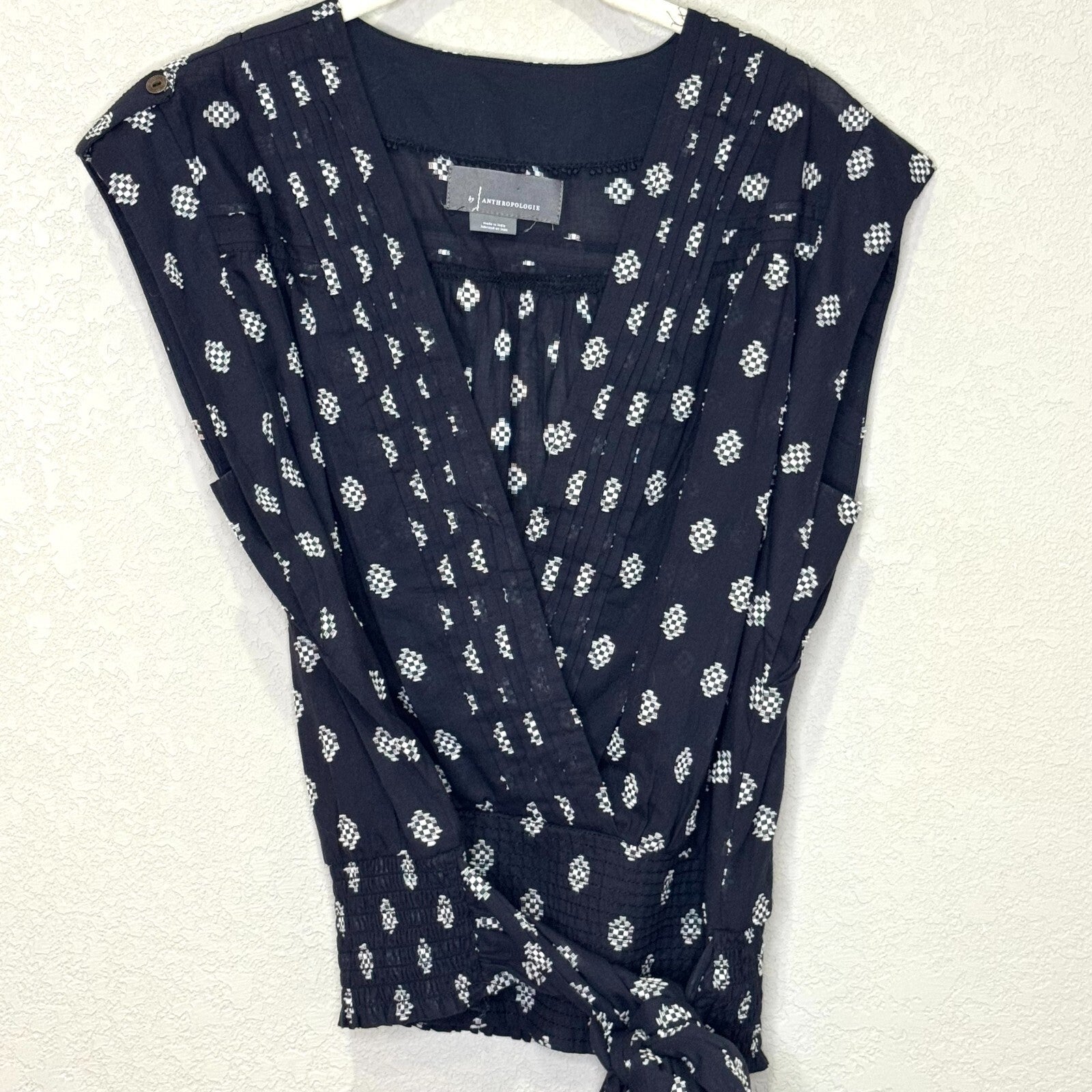 Anthropologie Top Size Small Black White Motif V Neck Tie Waist Surplice Blouse