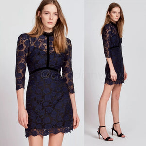 SANDRO Paris Dress Size 6 (2) Navy Blue Floral Lace Embroidered Puff Sleeve Mini