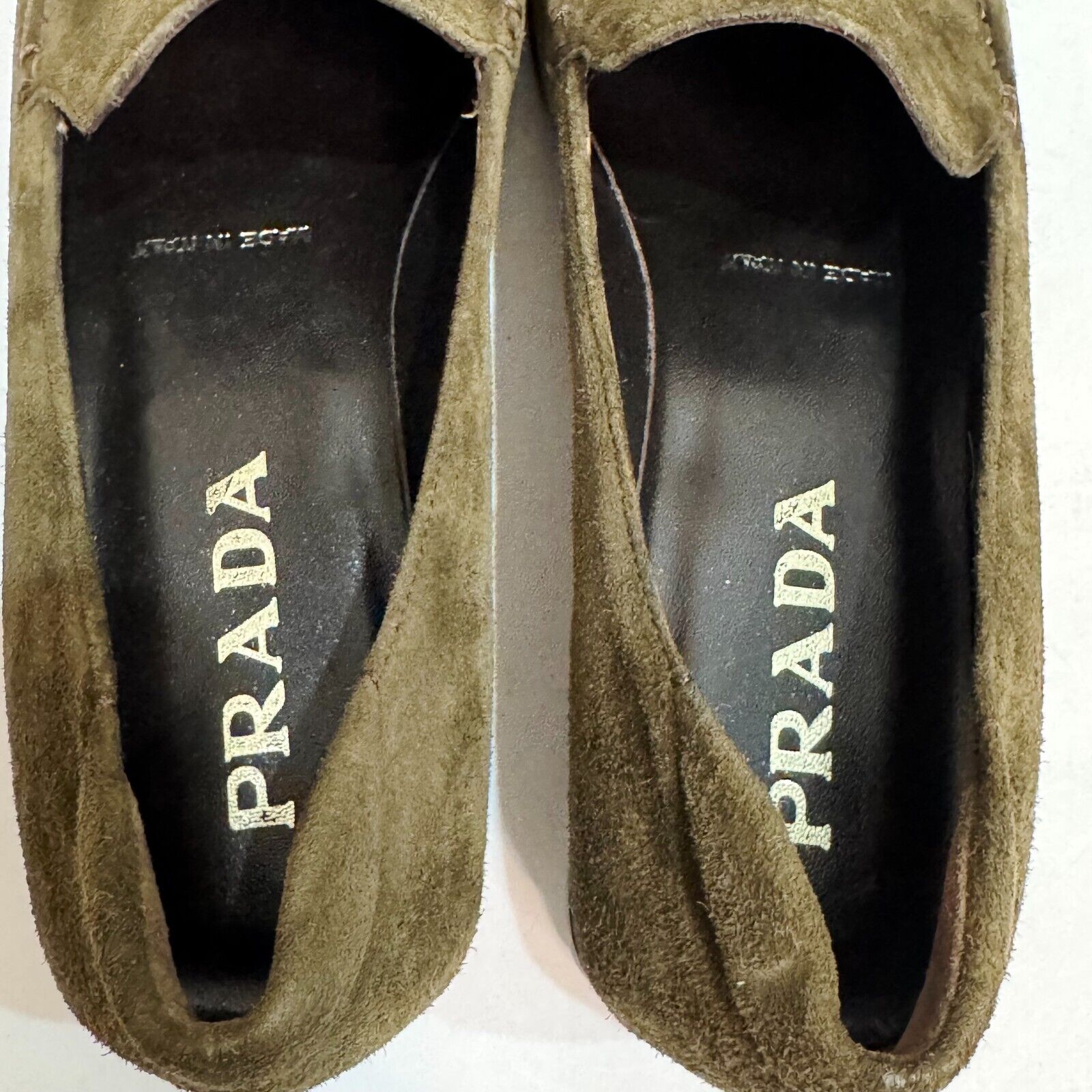 Prada Womens Olive Green Suede Leather Loafers Shoes Size 38