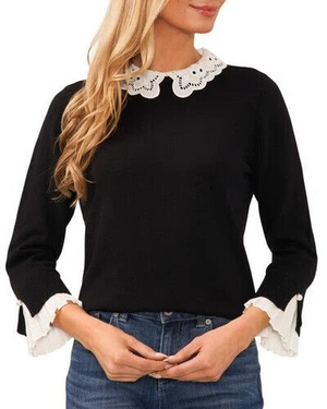 CeCe NEW Black Sweater White Eyelet Collar Size XXS