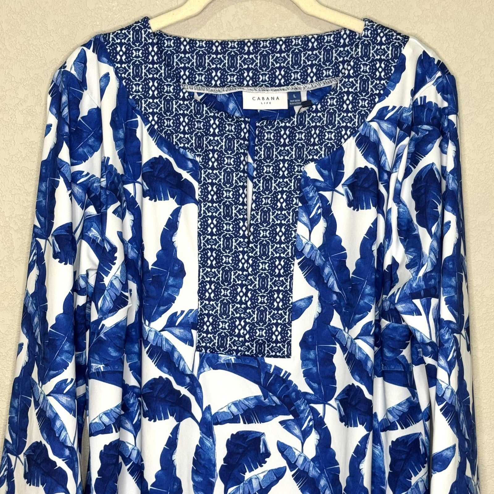 Cabana Life Dress Womens Large Blue White Palm Print Tunic UPF 50 Sun Protection