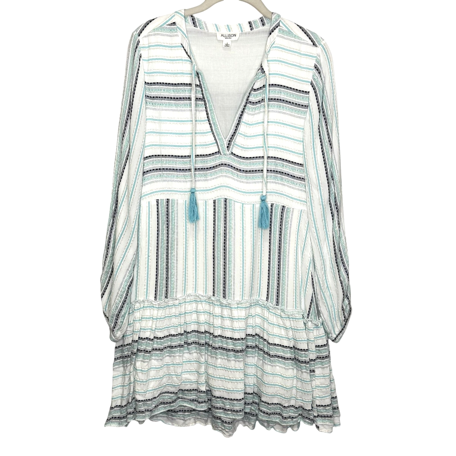 Allison New York Dress Womens Small Blue White Striped Boho Tassel Mini Lined