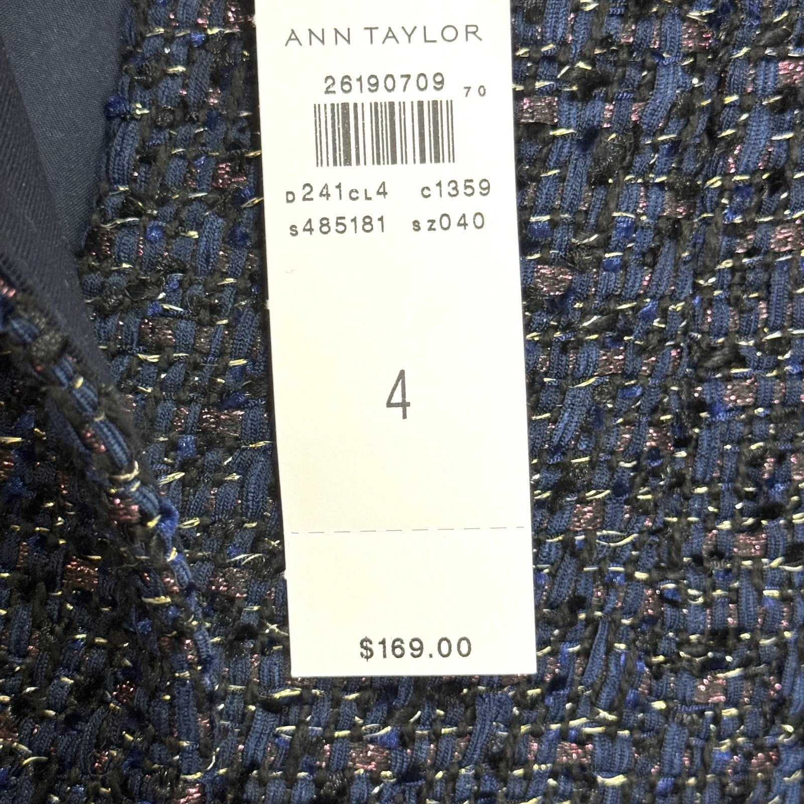 Ann Taylor Jacket Womens 4 Navy Blue Tweed Fringe Boucle Collarless Lined Office