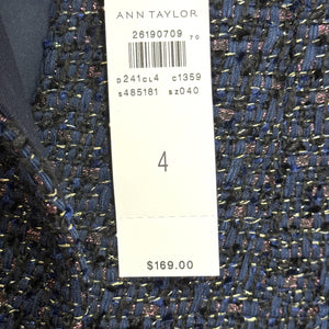 Ann Taylor Jacket Womens 4 Navy Blue Tweed Fringe Boucle Collarless Lined Office