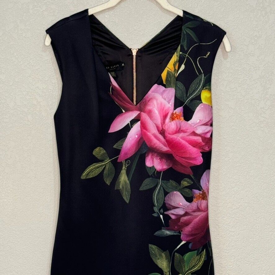 Ted Baker Olivia Sheath Dress Black Pink Citrus Bloom Floral Approx US Size XS