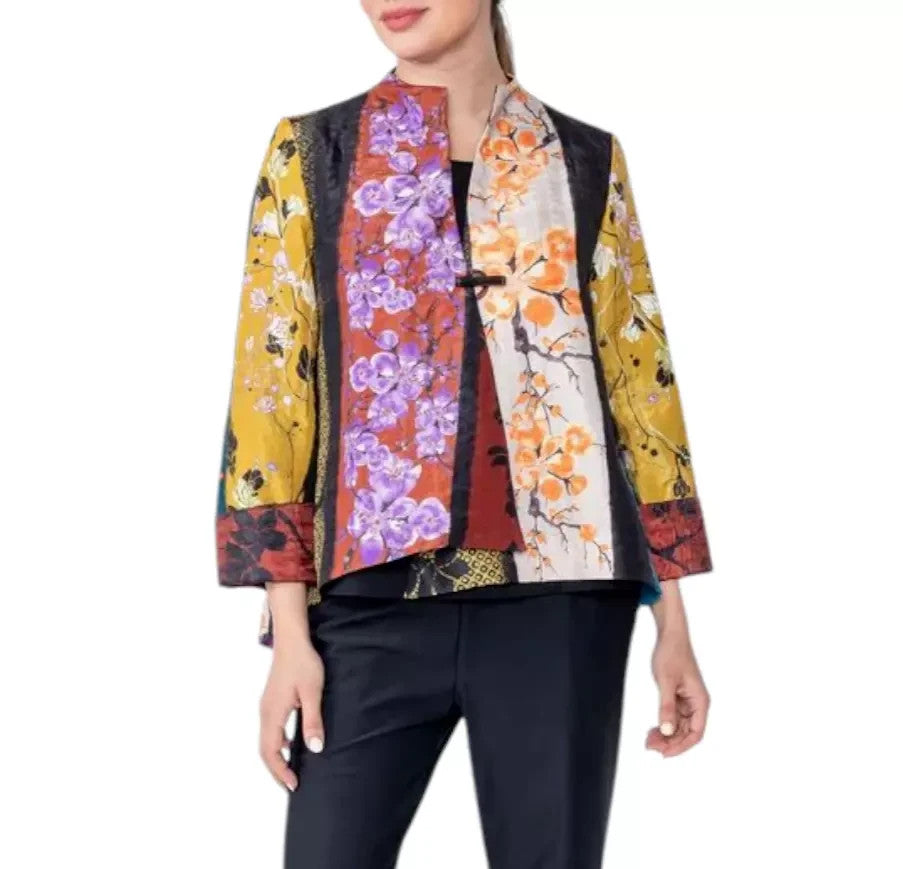 IC Collection Jacket Womens Large Multicolor Floral Kimono Blazer 5450J Made USA