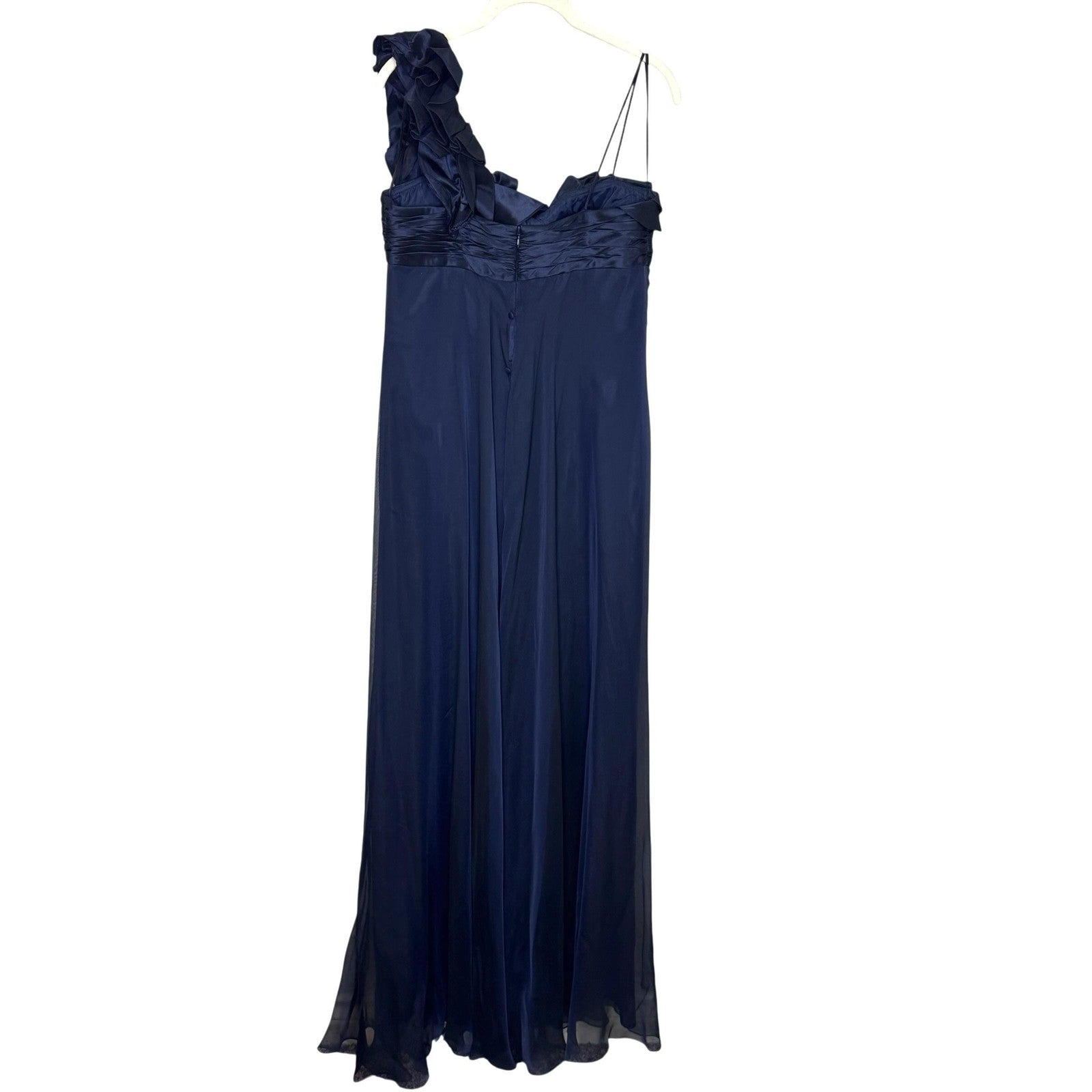 Teri Jon Evening Gown Womens 8 Navy Blue Silk One Shoulder Ruffle Formal Dress