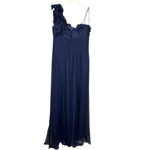 Teri Jon Evening Gown Womens 8 Navy Blue Silk One Shoulder Ruffle Formal Dress