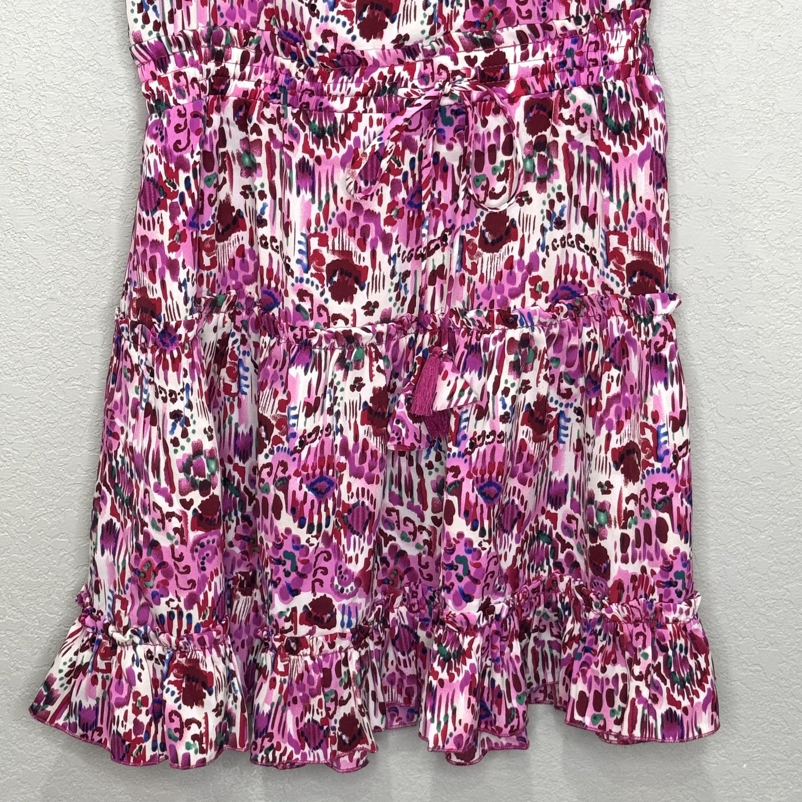 Avara Dress Womens Small Pink Purple Floral Ruffle Sleeveless Belted Tiered Boho