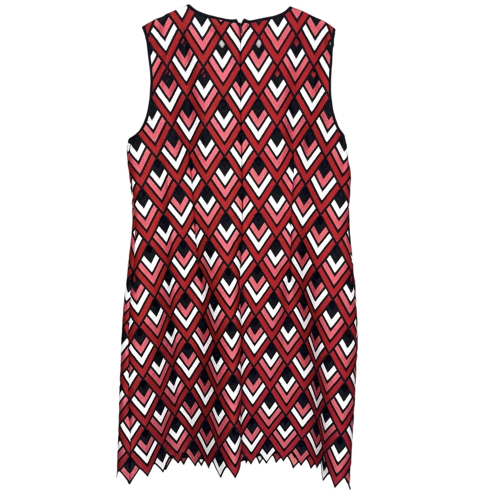 Elie Tahari Shift Dress Womens 14 Red Black White Sleeveless Chevron Scallop Hem