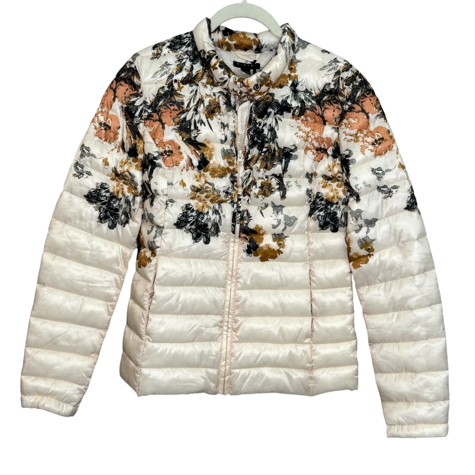 Sisley NEW Ivory Floral Long Sleeve Full Zip Puffer Jacket Size 6 $159