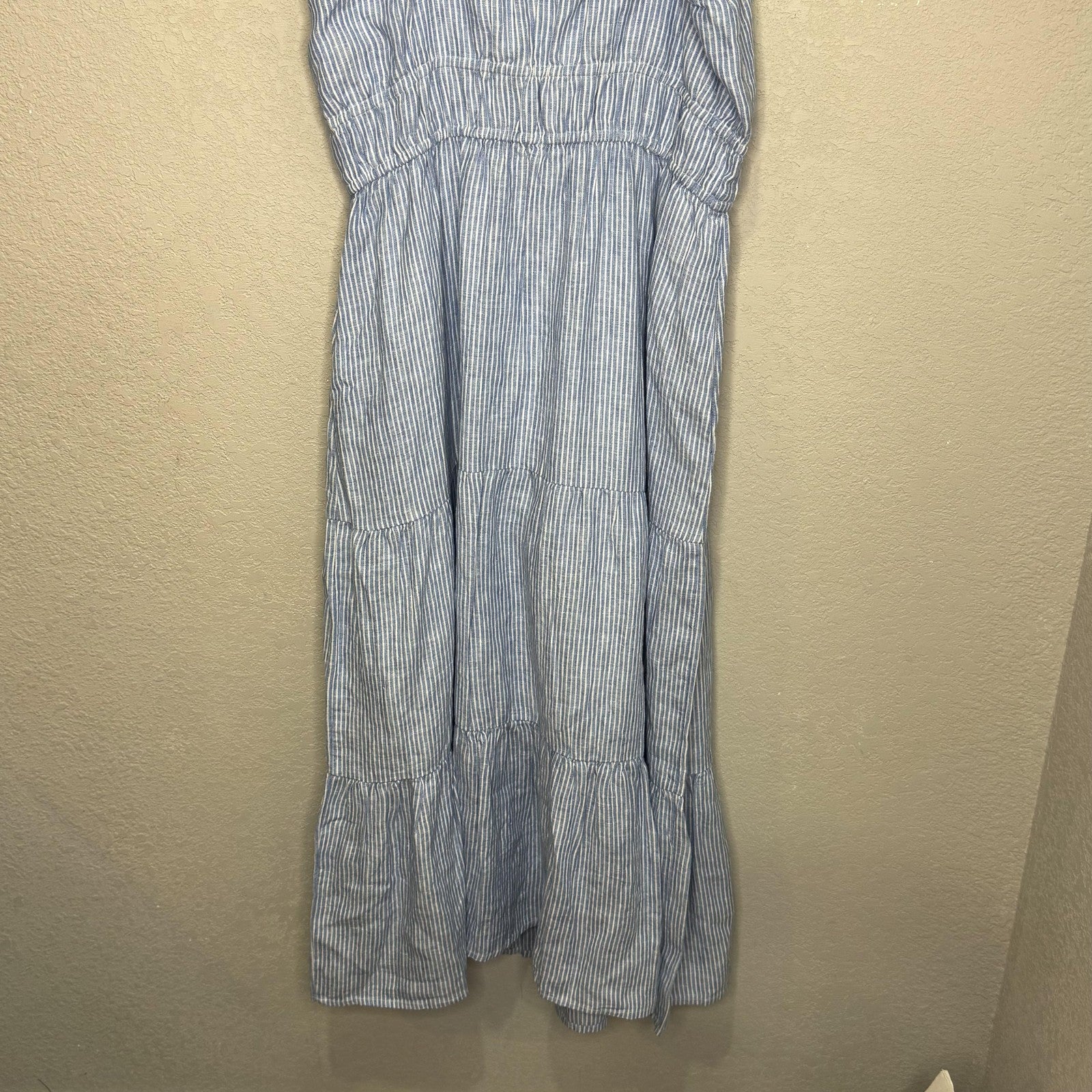 Amour Vert Dress Womens Medium Blue Stripe Elio Linen Tiered Midi Strappy Lined