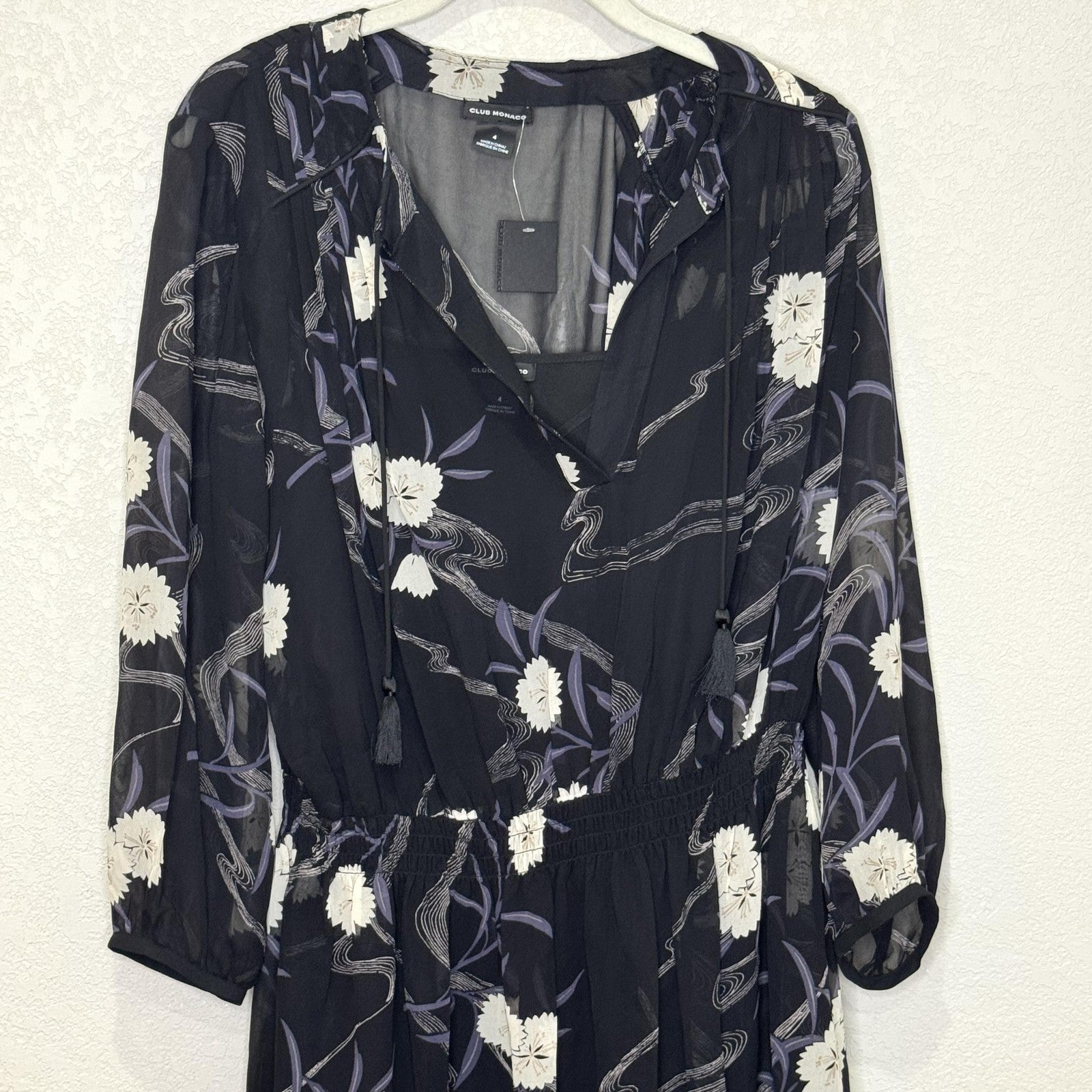 Club Monaco Roanna Dress Womens 4 Black Floral Silk Long Sleeve Mini Boho Chic
