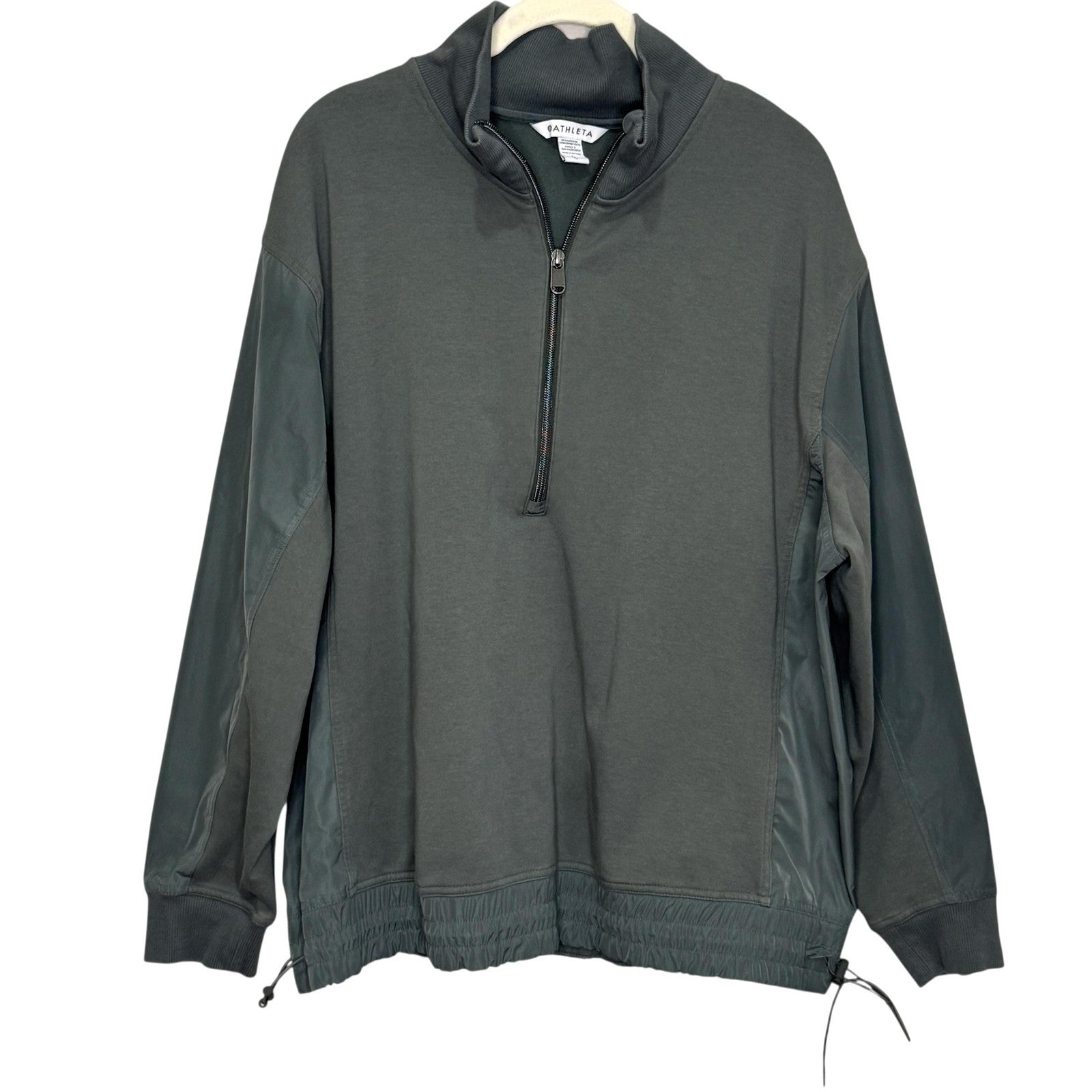 Athleta Pullover Large Green Triumph Half Zip Mock Neck Mixed Media Bungee Hem