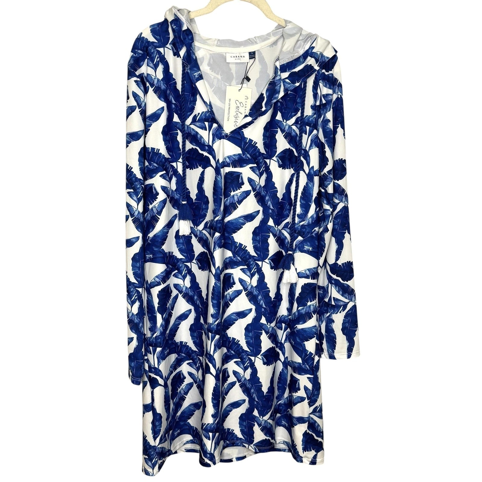 Cabana Life Cover Up Womens Large Blue Palm Print Hooded UPF 50+ Long Sleeve