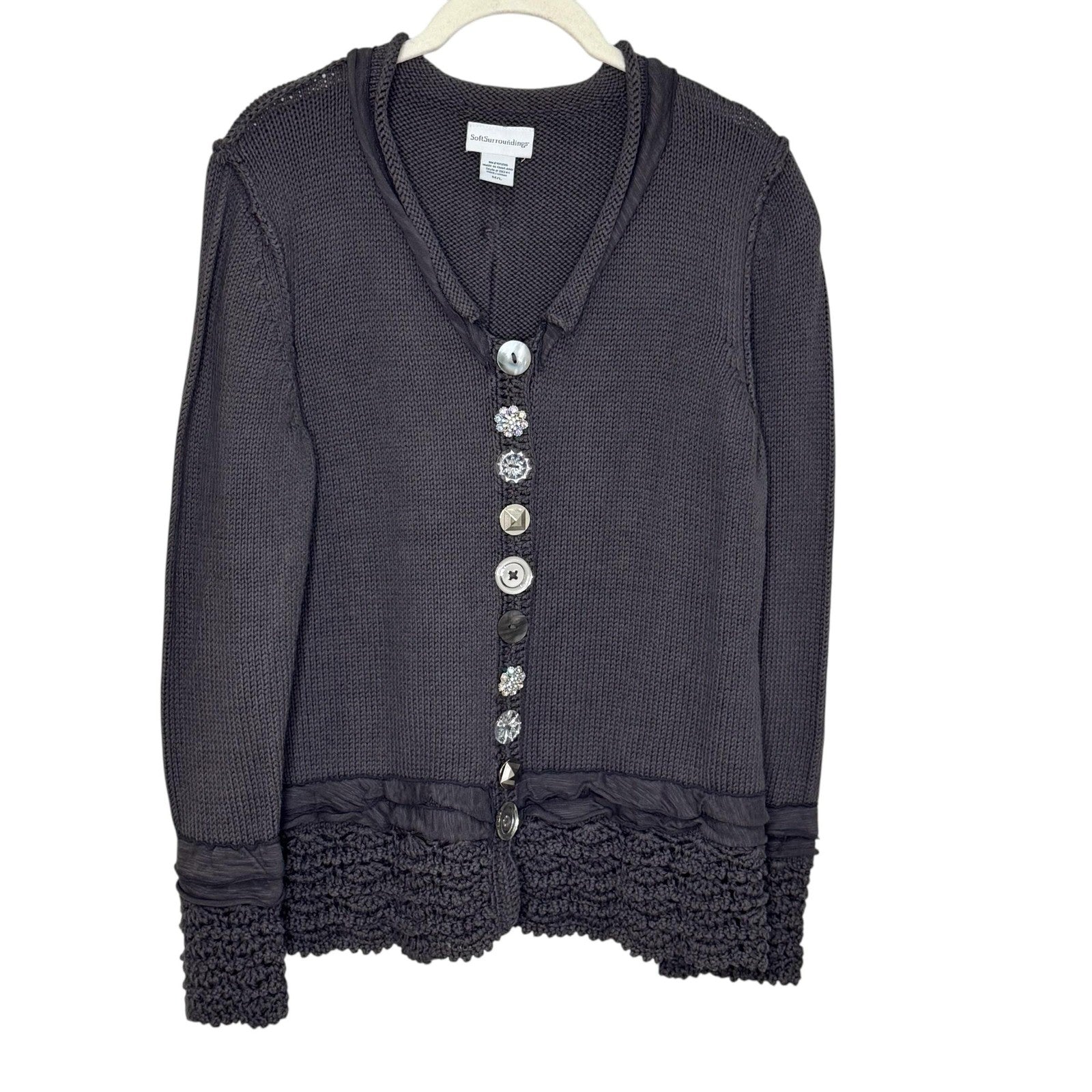 Soft Surroundings Sweater Womens M/L Gray Button Front Cardigan Crochet Trim