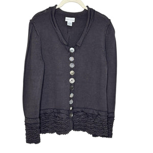 Soft Surroundings Sweater Womens M/L Gray Button Front Cardigan Crochet Trim