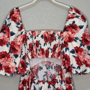 Altar'd State Dress Cyndella Small Puff Sleeve Cutout Mini Boho Floral Roses