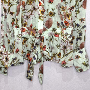 Ghost London Shirt Womens Small Green Floral Tie Waist Ruffle Sheer Blouse Top
