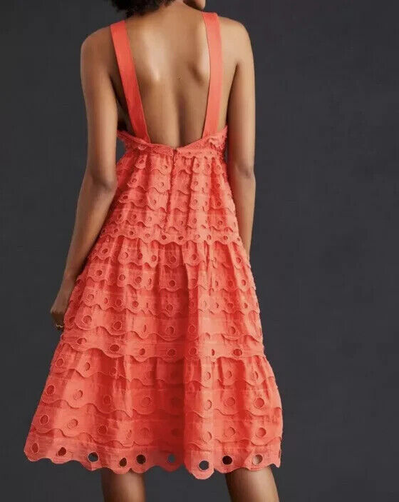 Anthropologie Maeve Coral Sleeveless Eyelet  Midi Sun Dress Size 12 NEW $260