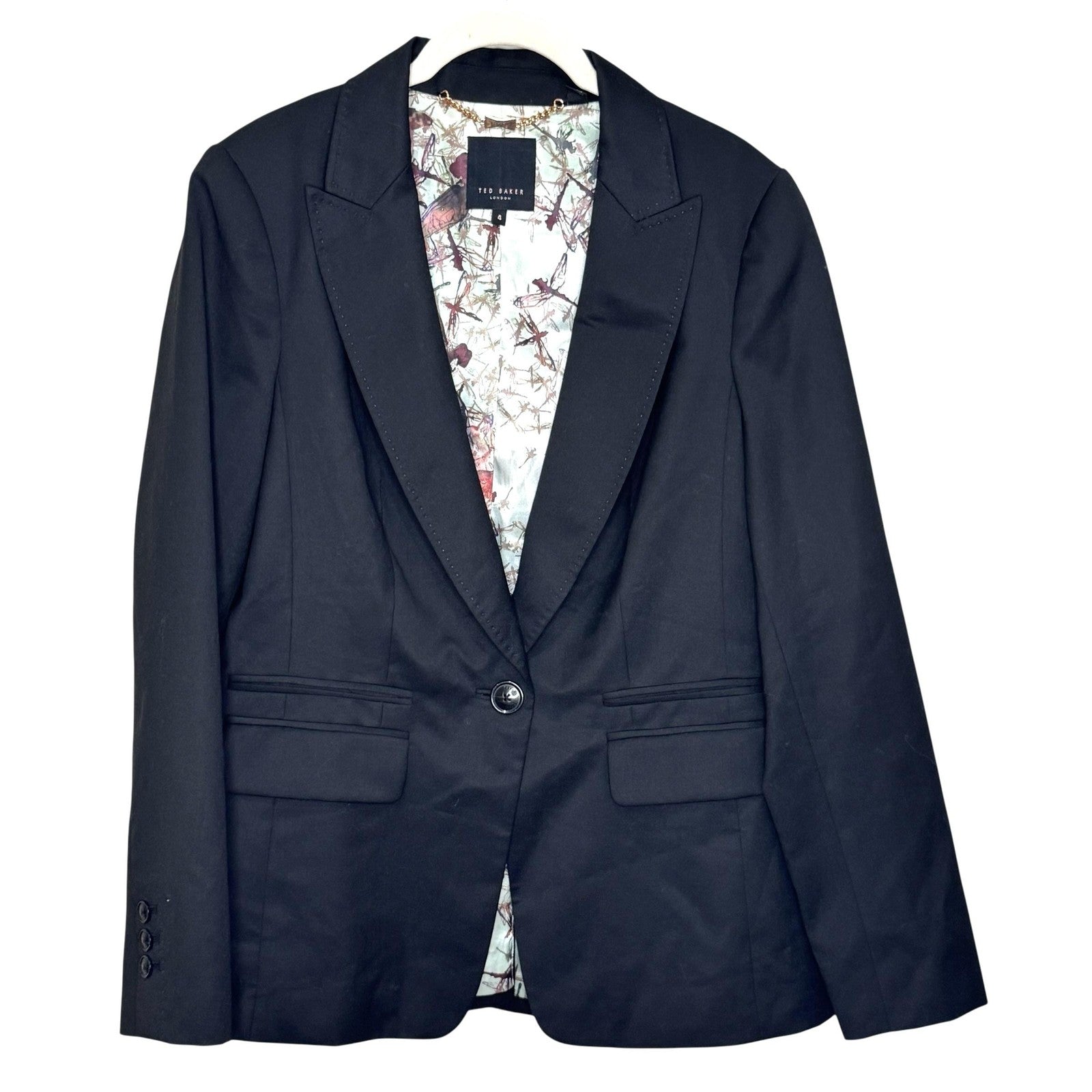 Ted Baker Blazer Womens Size 10 Black Wool Blend One Button Suit Jacket Lined
