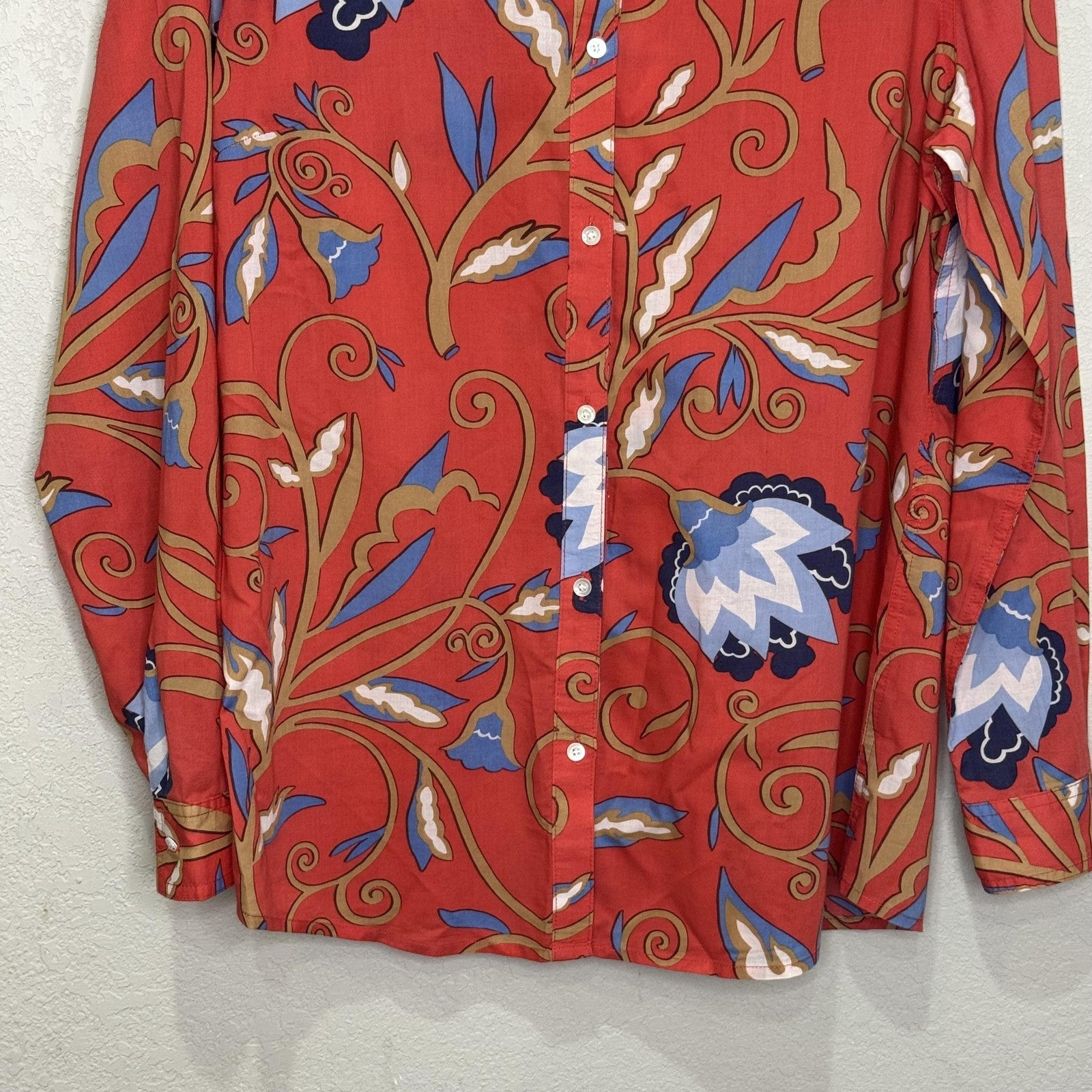 J McLaughlin Shirt Mens Large Red Blue Tan Floral Button Up Long Sleeve Cotton