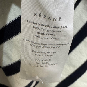 Sezane Shirt Womens Medium Black White Breton Stripe Boat Neck 3/4 Sleeve Top